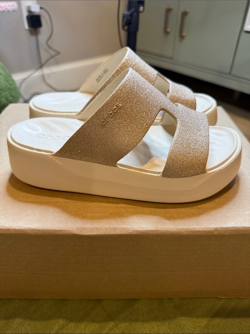 CROCS Women’s Glitter Slide Sandals in Rose Gold and cream/off white -worn once